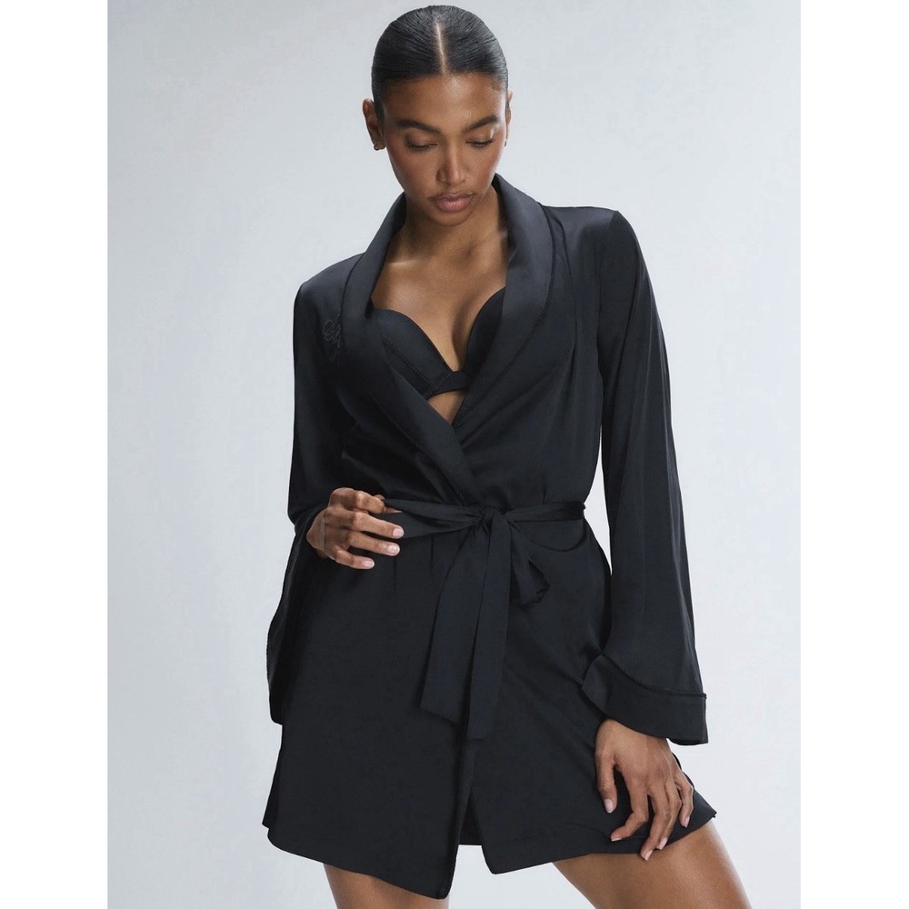 Savage X Fenty Satin Ever After Sleep Robe Black L Wrap Belt Pockets